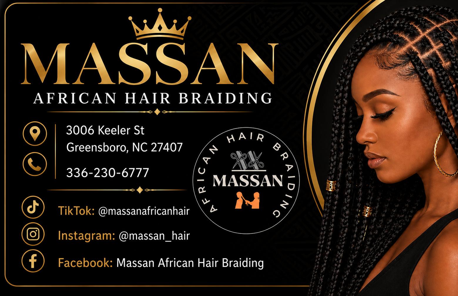 Massan African Hair Braiding business card